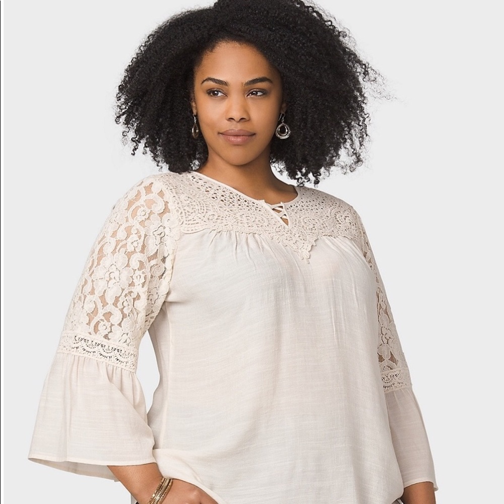 Dressbarn Boho Crochet & Lace Bell Sleeve Top